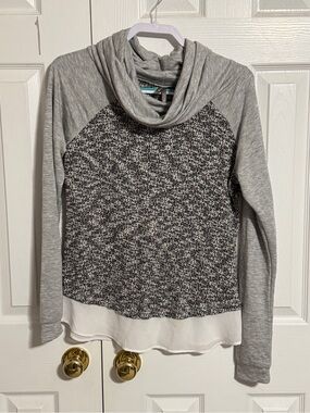 Vanity Gray Mixed-Knit Cowl Neck Sweater with White Layered Hem